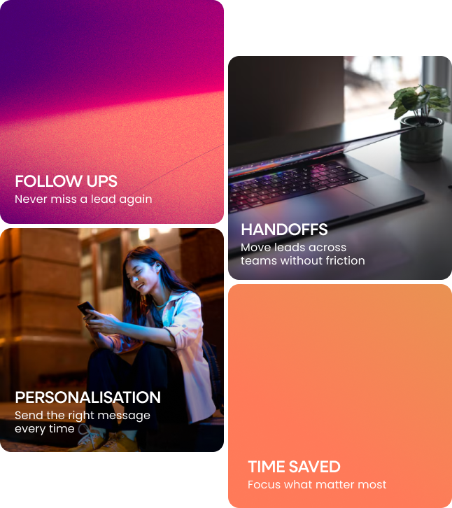 Follow ups, Handoffs, personalisation, time saved with automation Follow ups, Handoffs, personalisation, time saved with automation